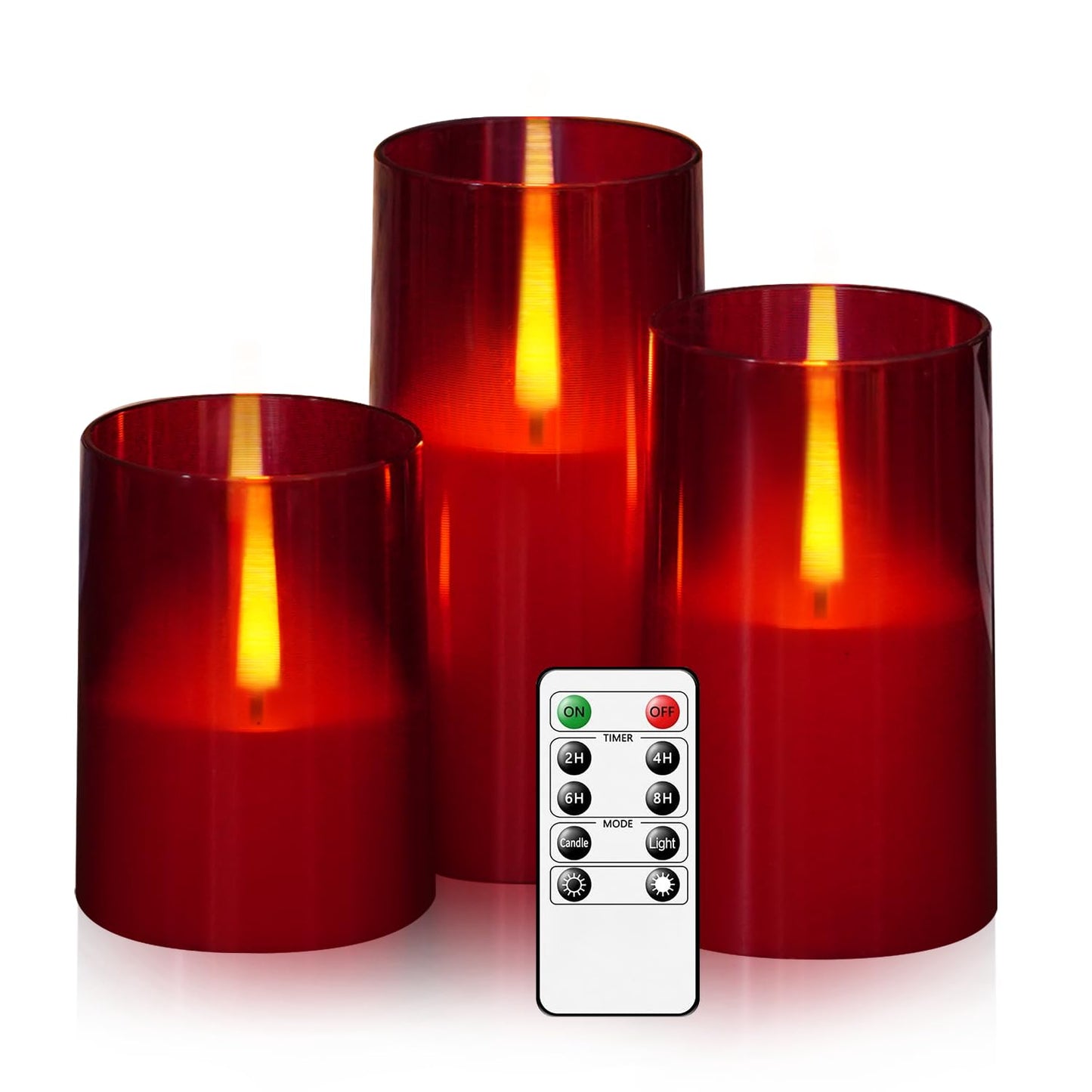 kakoya Flameless Candles Upgraded Realistic Flickering Flame,Battery Operated LED Candles with Remote Timers,Acrylic Electric Candles Set of 3(D 3" xH 4" 5" 6")（Red）