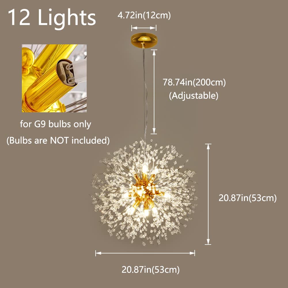Mivenda Gold Crystal Chandeliers 12-Light Modern Dandelion Light Fixture,Firework Chandelier,Personalized Ceiling Hanging Lighting for Bedroom,Dining Room,Living Room Chandelier