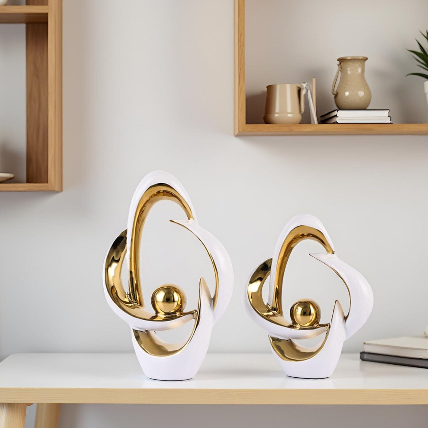 2PCS Home Decor Accent Ceramic Statue Abstract Sculptures Centerpieces Mid Century Modern Decor for Tables Coffee Table top Decorations for Living Room Desktop Shelf Dining Room Kitchen (White Gold)