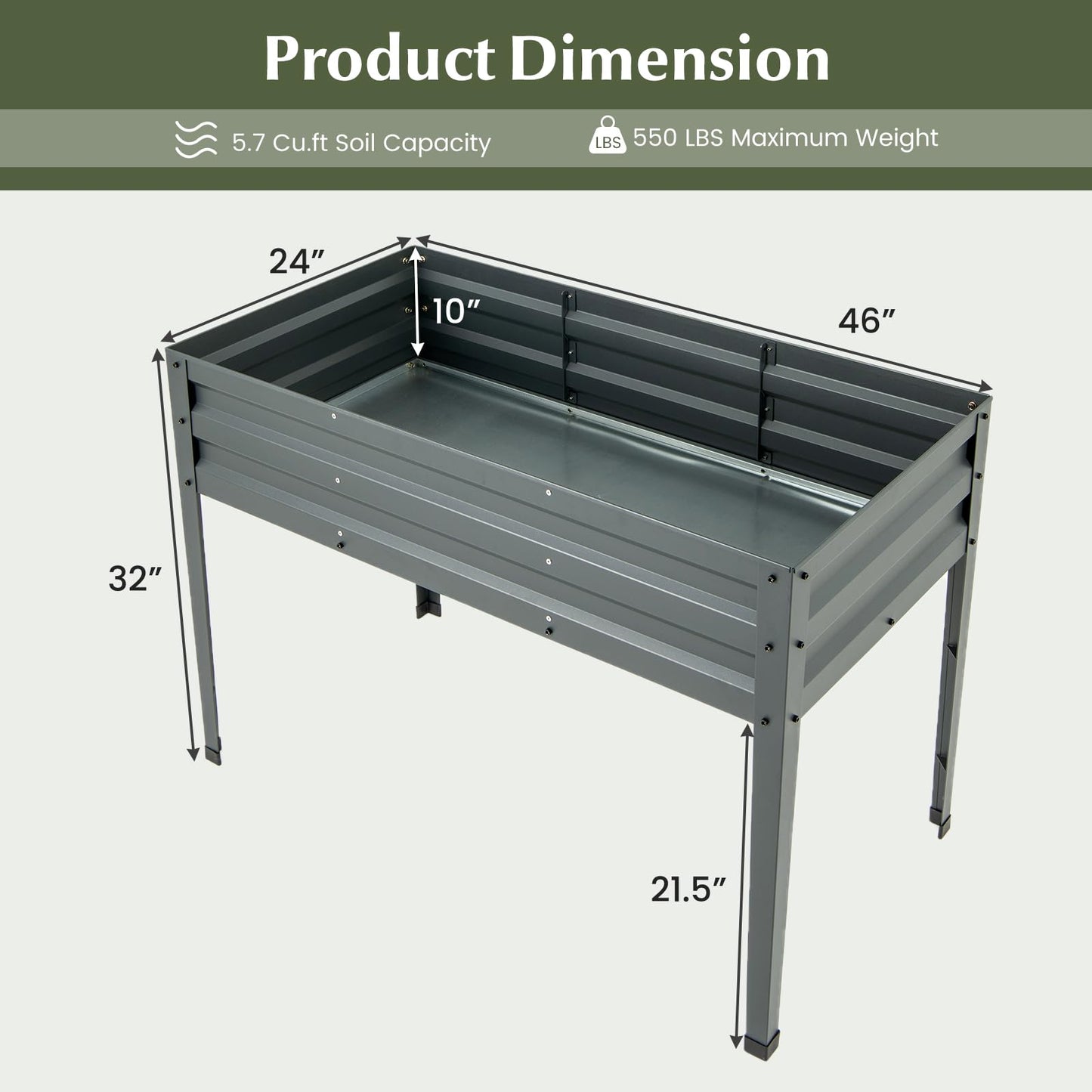 HAPPYGRILL Raised Garden Bed, Galvanized Garden Box with Legs, Drainage Holes, 2 Gloves, Outdoor Planter Box for Garden, Backyard & Patio, 46”x 24” x 32”, Grey
