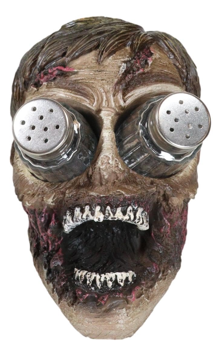 Ebros Walking Undead Gory Eyeless Zombie Head Salt And Pepper Shakers Holder Figurine Set With Glass Shakers 5.5"H Scary Decor Statue