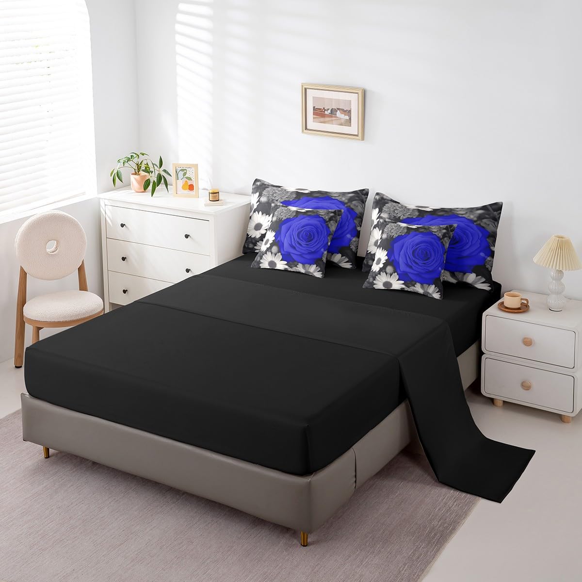 Erosebridal Rose 7 Pcs Comforter Set Full,Blue Grey Black Floral Bed in a Bag with Flat Sheet and Fitted Sheet for Men Women Couple,Romantic Flower Farmhouse Bedding Set with Pillowcase & Sham