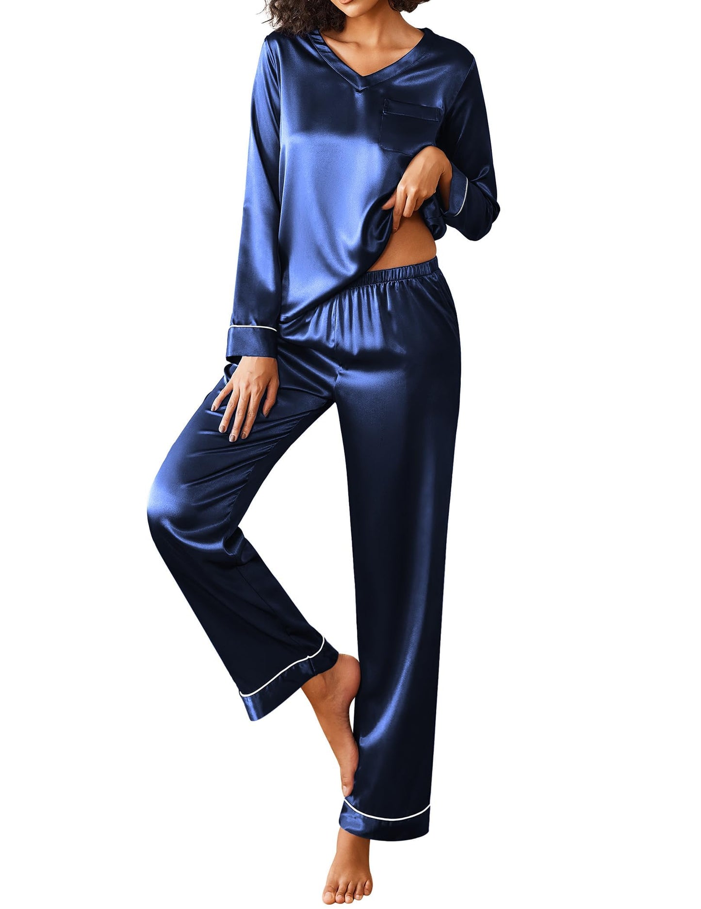 Ekouaer Silk Pajama for Women Long Sleeve Satin Pj Set Two Piece Soft Sleepwear Loungewear S-XXL