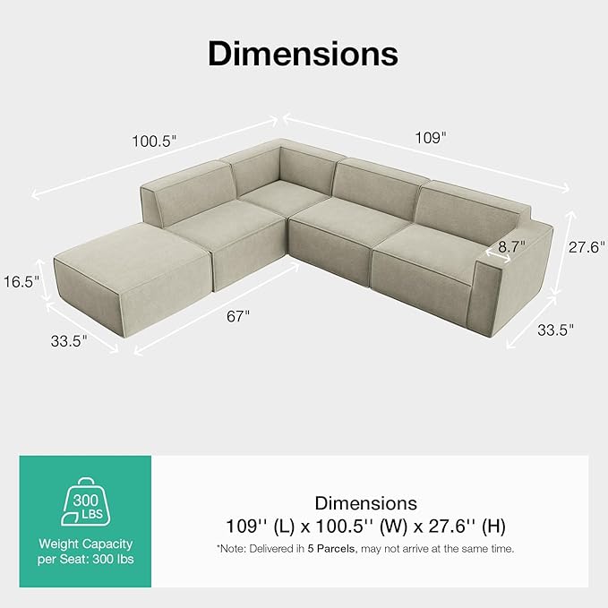 Novilla 109" Modular Sectional Sofa, No Assembly Cloud Sectional Couch