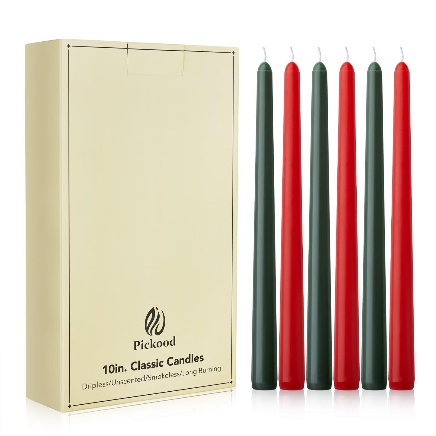 Pickood 10-Inch Tall Dripless Taper Candles Set of 12 - Red and Green Tapered Candles, Perfect for Christmas - Smokeless, Unscented, Long Burning - Hand Poured, Colored Tall Candlesticks - Christmas