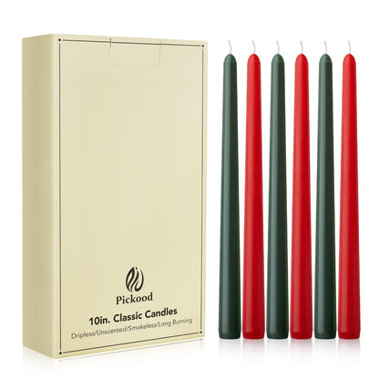 Pickood 10-Inch Tall Dripless Taper Candles Set of 12 - Red and Green Tapered Candles, Perfect for Christmas - Smokeless, Unscented, Long Burning - Hand Poured, Colored Tall Candlesticks - Christmas