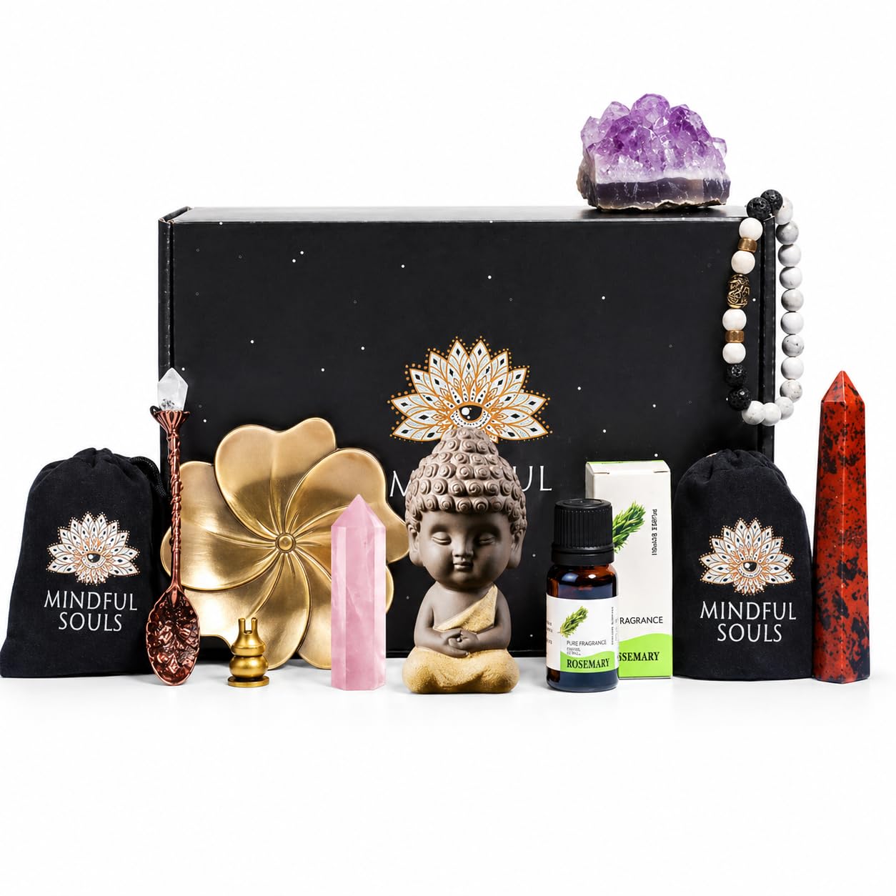 Mindful Souls Spiritual Healing Gift Set – Meditation & Mindfulness Box with Buddha Figurine, Healing Crystals, Mala Beads, Essential Oil & Gemstone Jewelry – Holistic Self-Care & Inner Peace Kit
