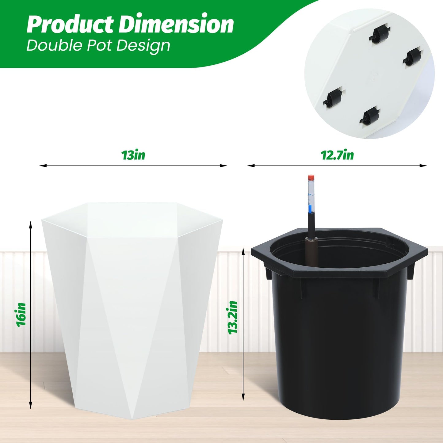 LuyFuitre Set of 2 Tall Planters for Outdoor Plants, 16 Inch Tall Planter Pots with Water Level Monitor, Wheels & Inner Bucket for Indoor Outdoor, White