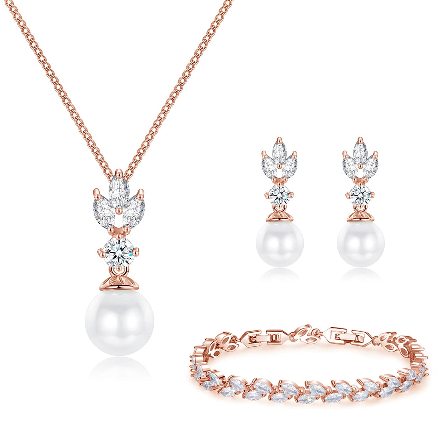 IDASANY Wedding Jewelry for Bride Bridesmaid, Pearl Dangle Earrings and Pendant Necklace Set Bridal Jewelry for Promise Wedding Party, 1 Set, Rose Gold