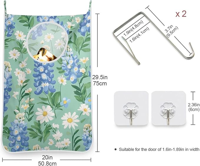 Mint Green Bluebonnet and Daisies Hanging Laundry Hamper Door Hampers Bag Basket
