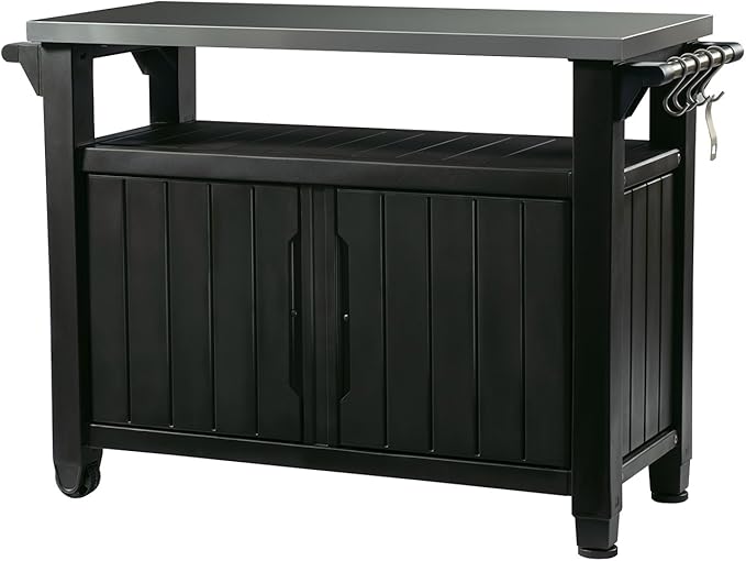 Keter Unity XL Portable Outdoor Table with Stainless Steel Top for Kitchen Prep and Outdoor Storage Cabinet for Grilling Accessories, Dark Grey