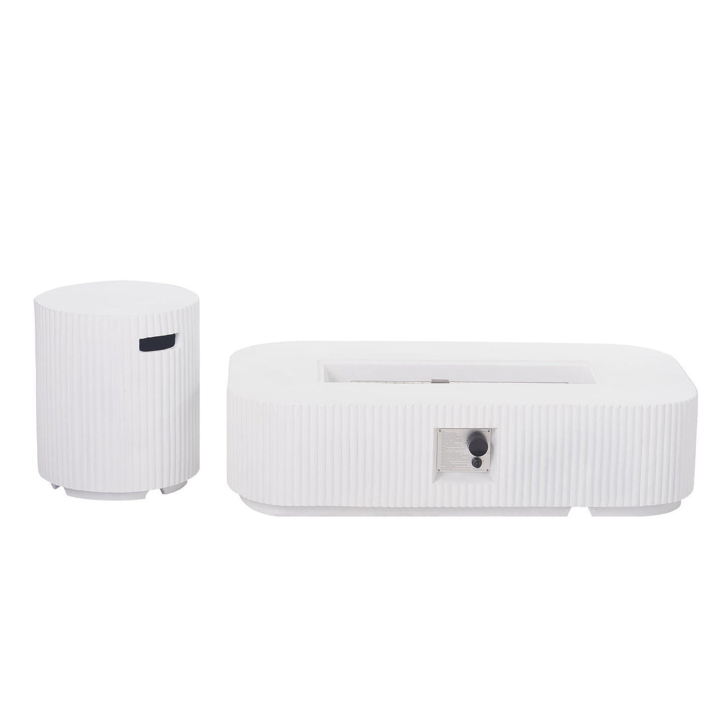 Christopher Knight Home 48.2 Inch Outdoor Rectangular Fire Pit Set with Tank Cover Side Table, MgO Concrete Propane Fire Pit 50000 BTU, White Modern Patio Heating Table Set