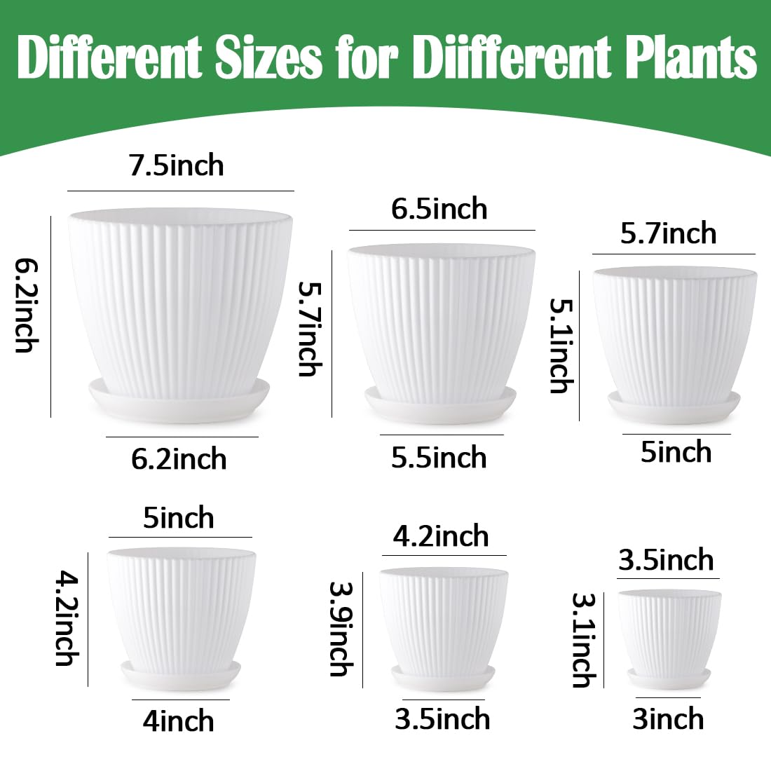 RooTrimmer 7.5/6.5/5.5/4.9/4.2/3.5 Inch Plant Pots with Drainage Holes and Saucer, Plastic Flower Pots for Indoor Plants, Lightweight Planter Pots for Plants, White