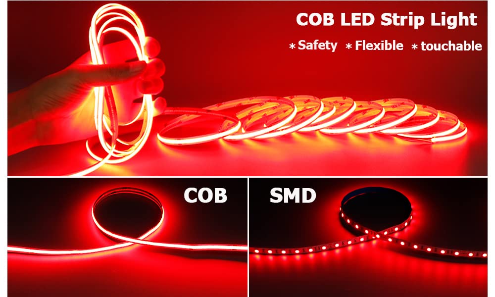 TOPAI 12V COB LED Strip Lights 5M Red IP65 Outdoor Waterproof Dotless Self Adhesive 480LEDs/M High Density Cuttable Flexible for Cabinet Home Car DIY Lighting Projects