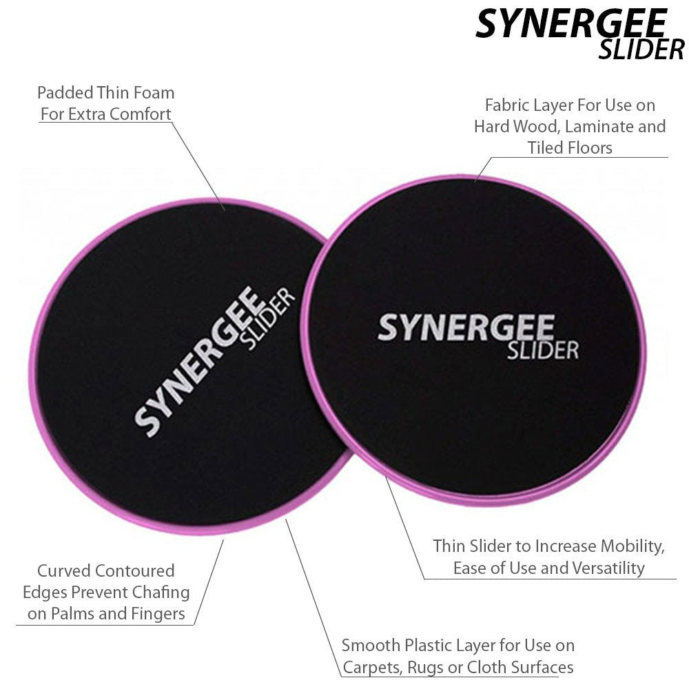 Synergee Power Pink Core Sliders. Dual Sided Use on Carpet or Hardwood Floors. Abdominal Exercise Equipment