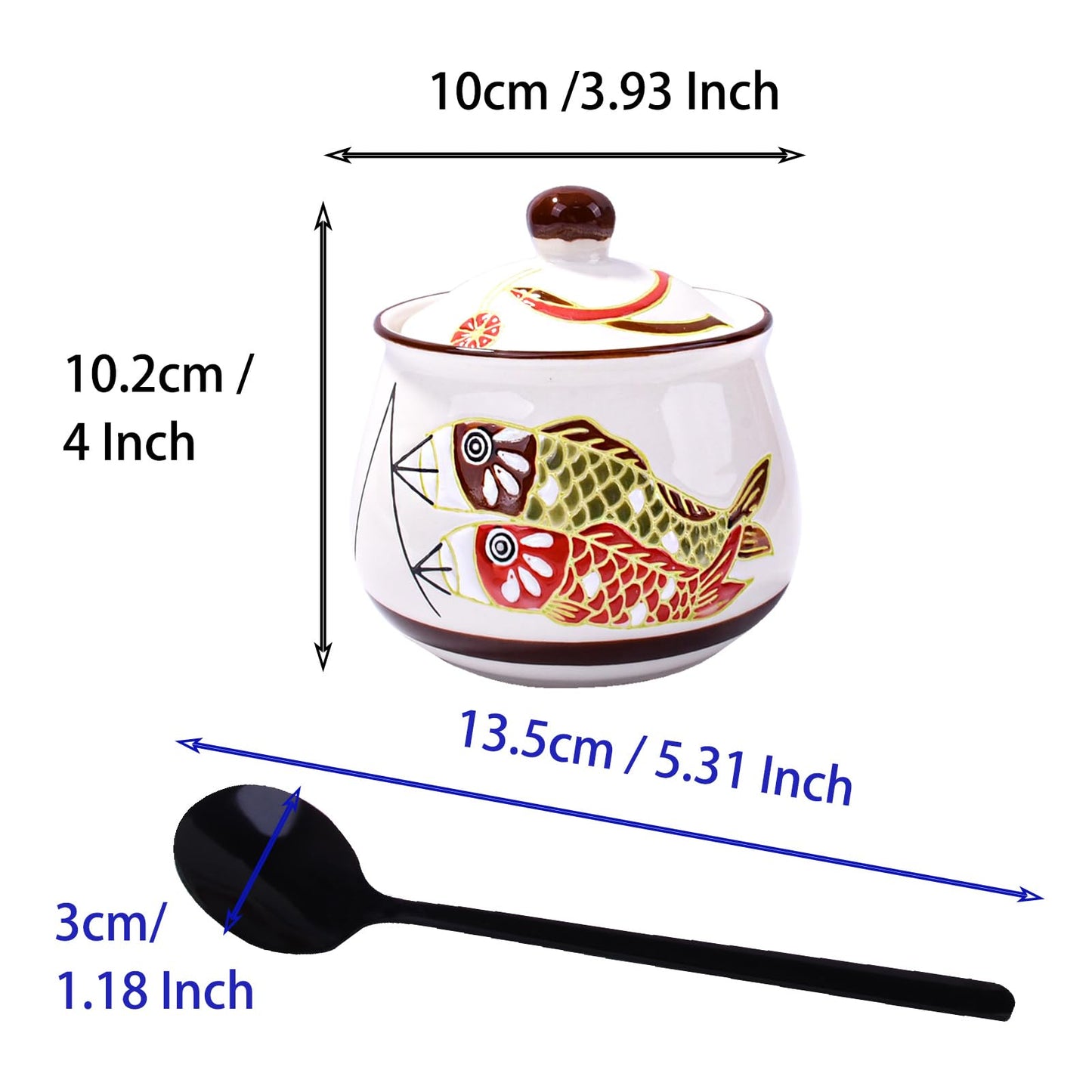 LMRLCS Ceramic Sugar Bowl with Lid and Spoon - 10oz Small Spice Jar with Japanese Koi Fish Design - Decorative Seasoning Container for Salt, Lard, Chili Oil & Condiments, Farmhouse Kitchen Decor