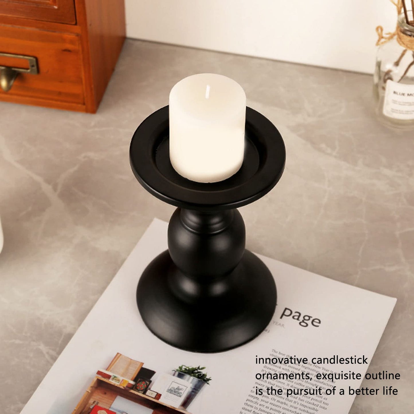 Tyenaza Pillar Candle Holder Rustproof Black Metal Iron Matte Pillar Candle Holder Ornament Dining Table Decoration for Wedding, Dining Table, Party