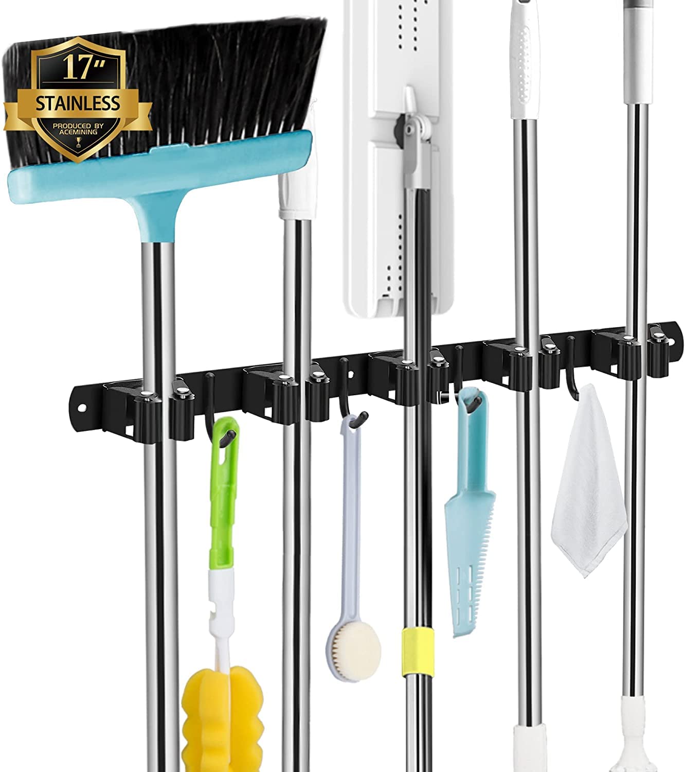 AceMining 5 Racks and 4 Hooks Mop and Broom Holder Wall Mount, Broom Organizer Storage Tool Racks Stainless Steel Heavy Duty Hooks Self Adhesive Solid Non-slip for Home Kitchen Garden Laundry Garage