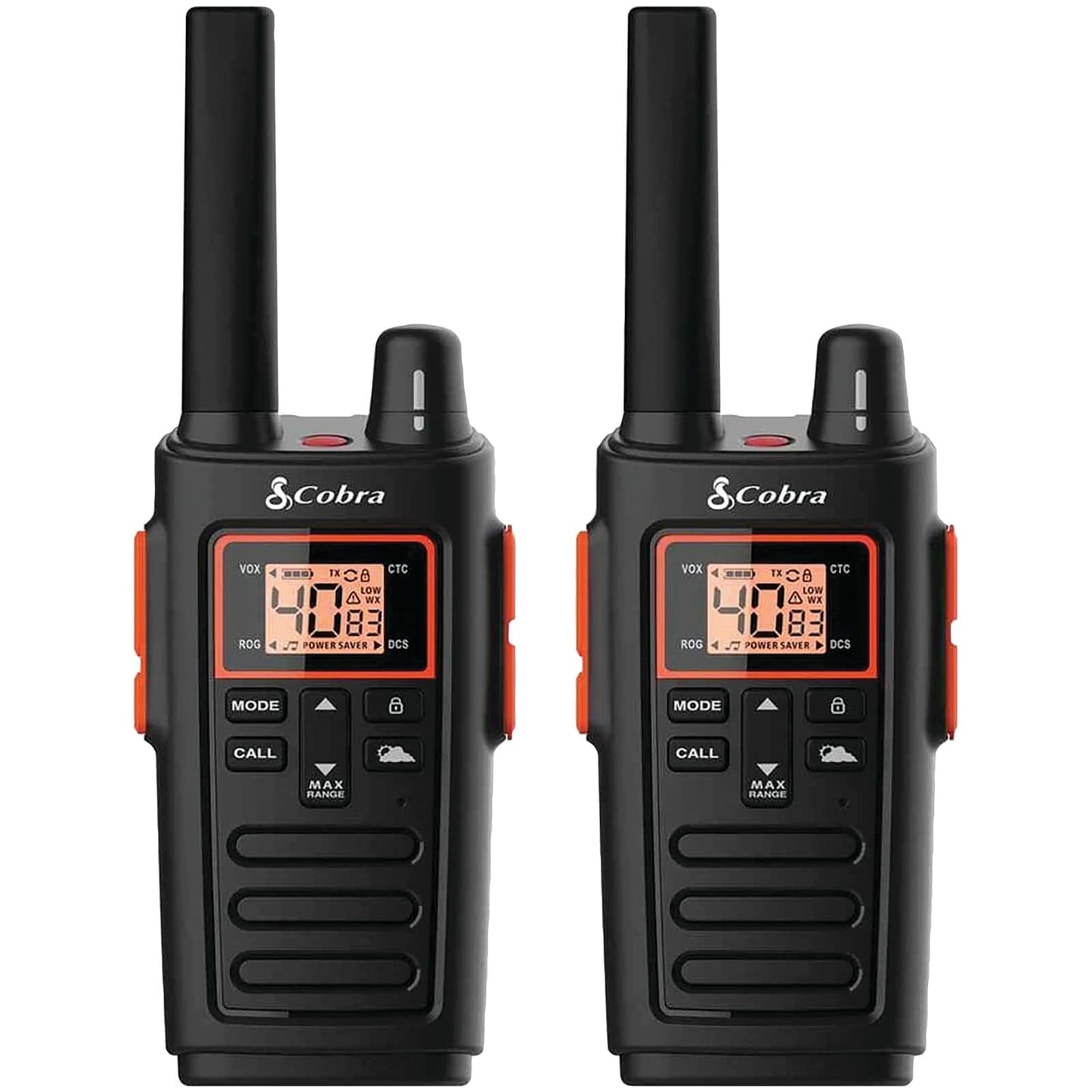 Cobra RX680 Walkie Talkies (2-Pack) - Rugged & Splashproof Two Way Radios Long Range, IP54 Water Resistant Design, 60 Pre-Programmed Channels, Weather Alerts, Included Charging Dock (Black/Orange)
