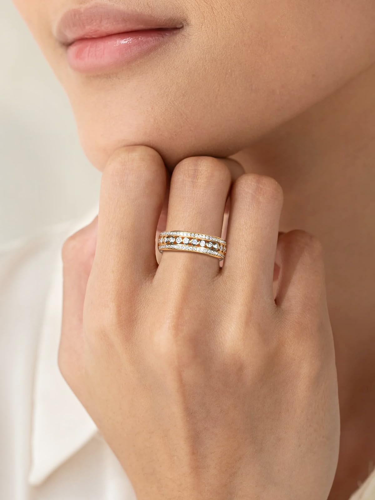 Frbod Moissanite Eternity Engagement Rings Sparkly Diamond Band 14K Gold Plated Wedding Rings for Women Men Size 6