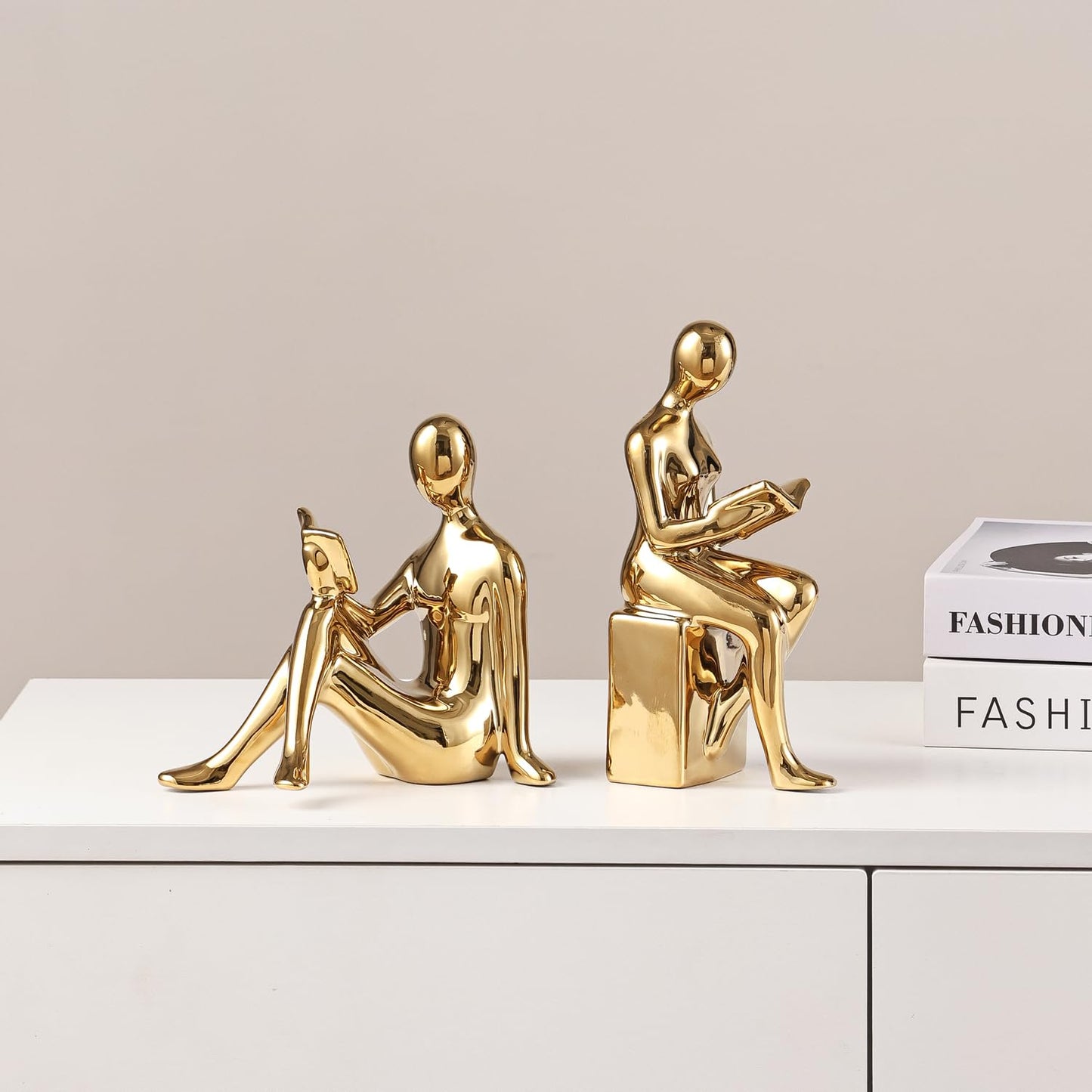 Decorative Bookends, Ceramic Book Ends for Shelves, Home Office Decor Aesthetic Book Stopper Reading Book Holders Statues for Bookshelf Bedroom Living Room Decoration (Glod)