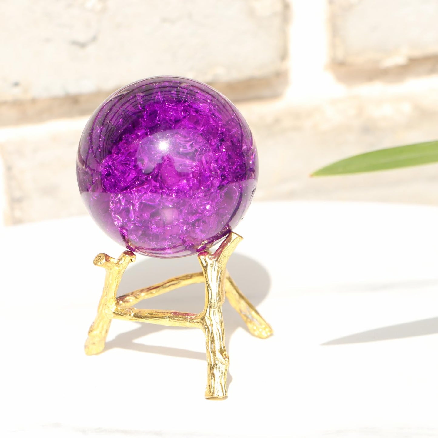 50mm Crystal Ice Cracked Balls with Metal Branches Base Paperweight K9 Glass Decorative Ball Decor for Home Table Room Office Wedding Ornaments (Purple)