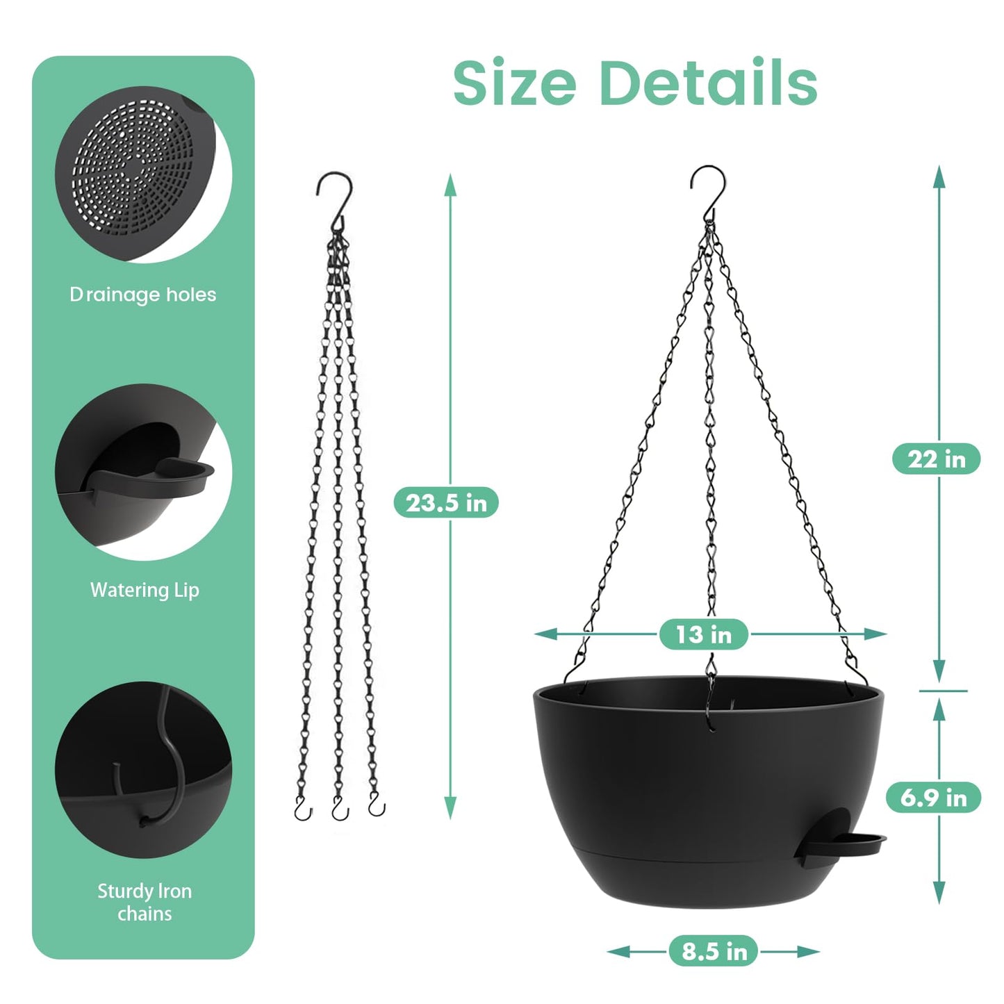 UOUZ 13 Inch 2 Pack Large Self Watering Hanging Planters for Indoor Outdoor Plants, Hanging Plant Pots with Removable 50 Oz Reservoir, Plastic Hanging Basket for Window Porch Garden Balcony, Black