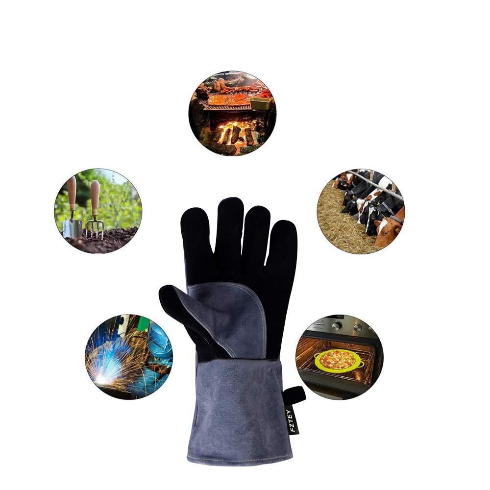 FZTEY Wleding Oven, BBQ Golves, Cut&Heat&Fire Resistant Leather Thorn Proof Thickening Gaunlets with Kevlar Stitching, Hot Thermal Work Safety Protective Gloves for Men&Women (Grey 16 inc 40CM)