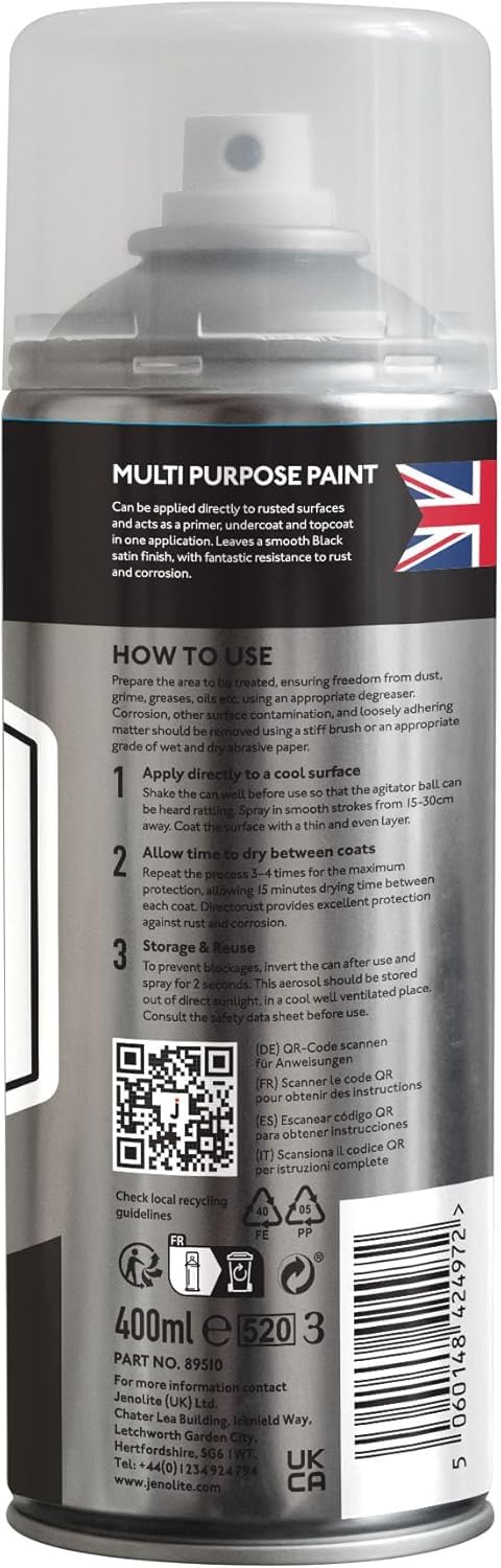 JENOLITE Directorust Spray Paint Satin Finish | BLACK | 400ml | Direct To Rust Spray Paint For Metal | All-In-One Multi Surface Paint for Metal, Wood, Plastic, Ceramic | RAL 9005