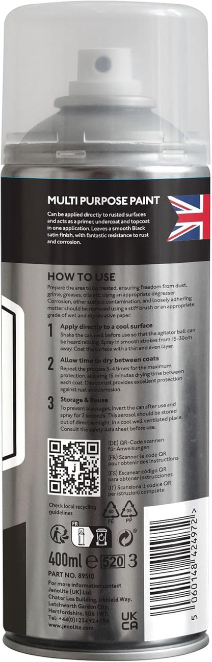 JENOLITE Directorust Spray Paint Satin Finish | BLACK | 400ml | Direct To Rust Spray Paint For Metal | All-In-One Multi Surface Paint for Metal, Wood, Plastic, Ceramic | RAL 9005