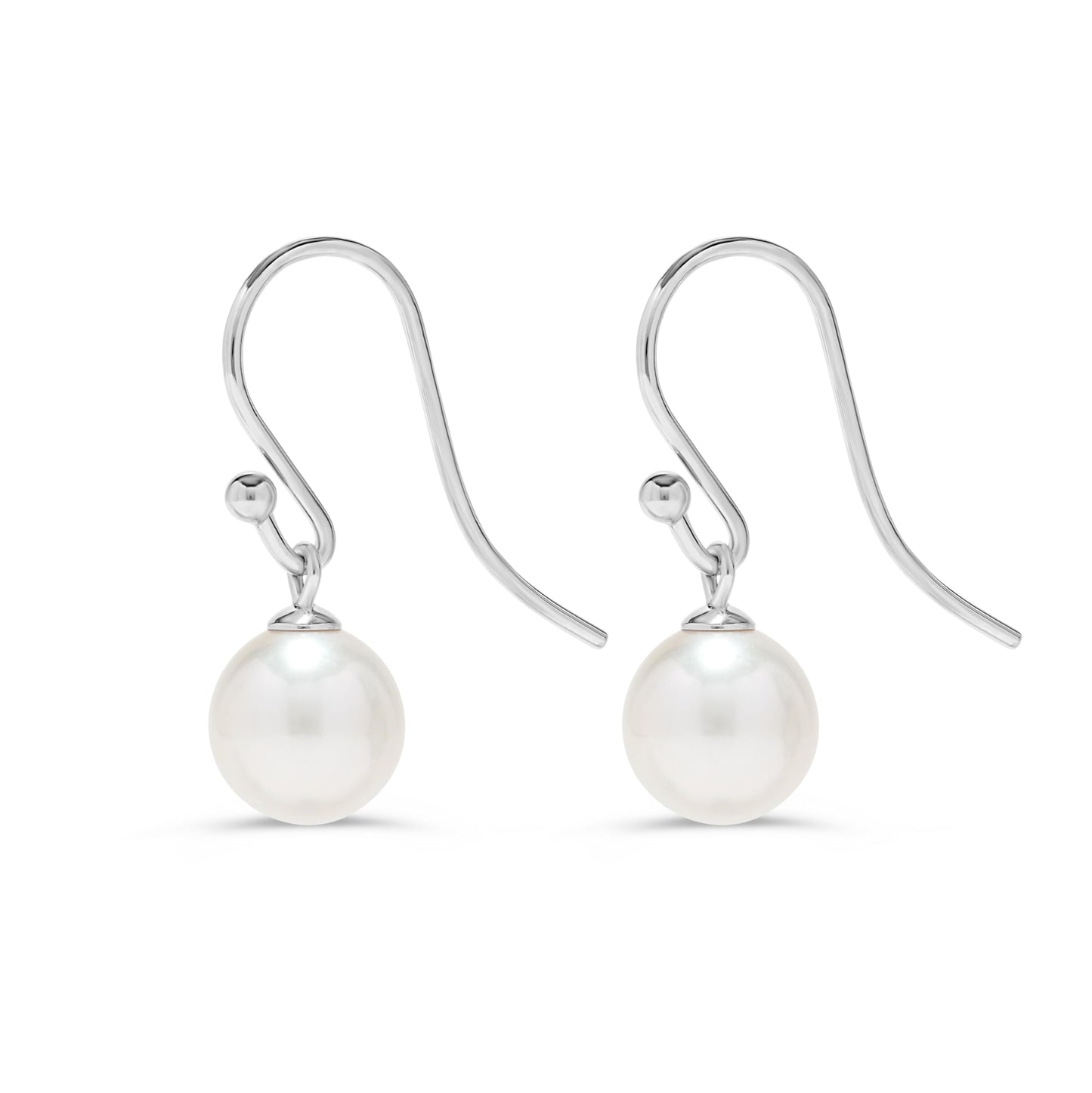 .925 Sterling Silver AAA 7.5-8mm Round White Freshwater Cultured Pearl French Wire Hook Dangling Drop Earrings
