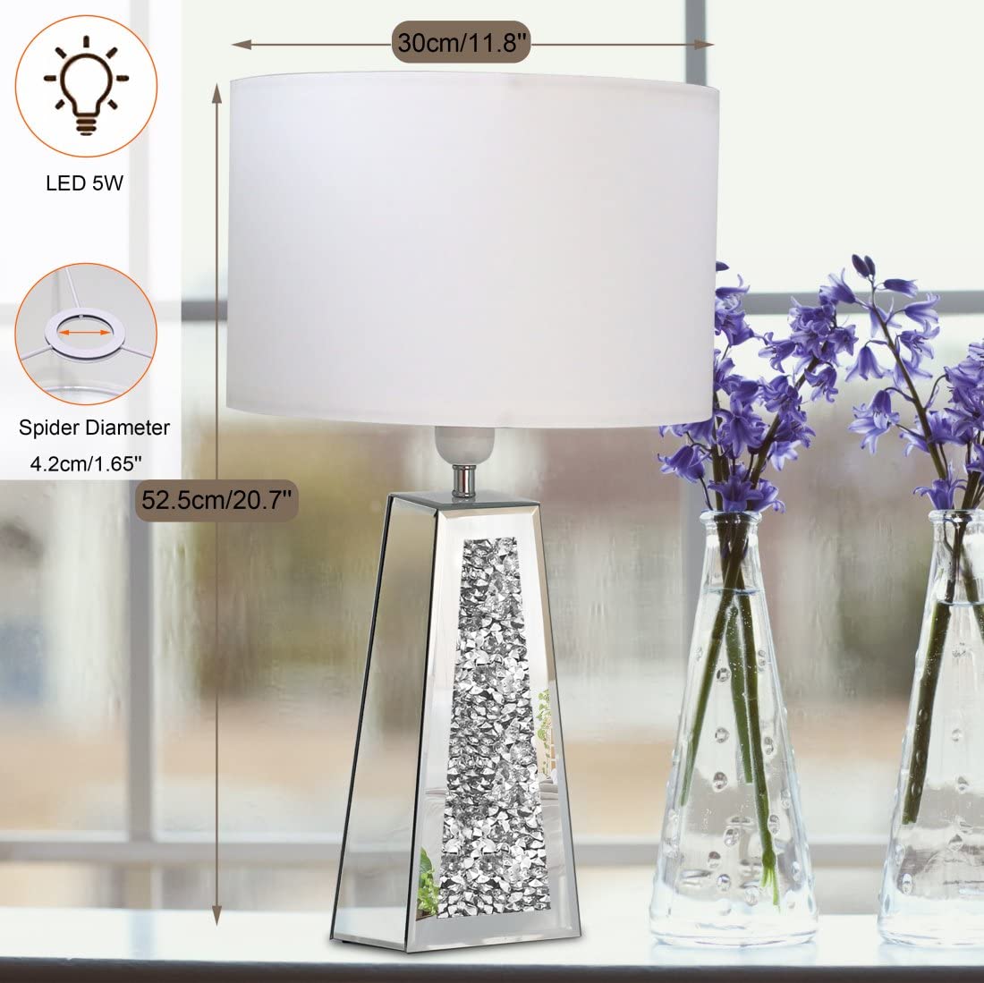 GOTHICO Silver Mirror Crushed Diamond LED Table Lamp, Four Prism Shaped Crystal Diamond Mirrored Base,White Round Linen Shade, 20.7" Height for Living Room Bedroom Office, Modern Art Decor,Set of 2