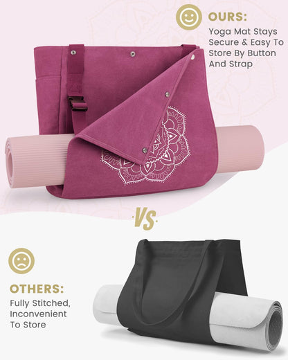 Gonex Yoga Mat Bag, Yoga Gym Bag Tote Bag with Multi Pockets For Women Men, Canvas Yoga Mat Carrier Take in Out Mat Easily For Pilates Travel Workout Office, Rose Red