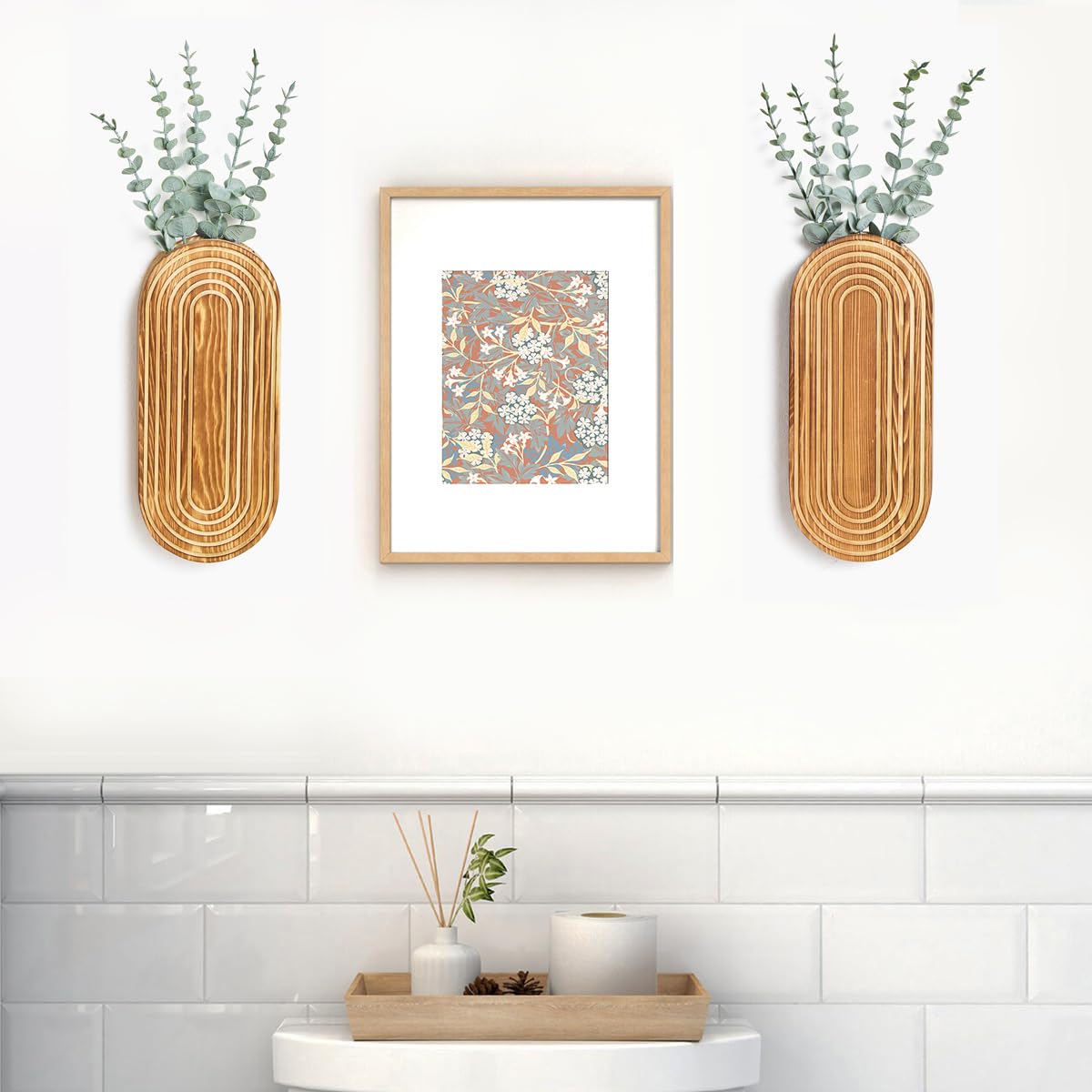 Mokof 2 Pack Carved Wood Wall Planters with Fake Eucalyptus Stems for Wall Decor - Boho Wooden Wall Art for Living Room, Bedroom, Bathroom (Brown)