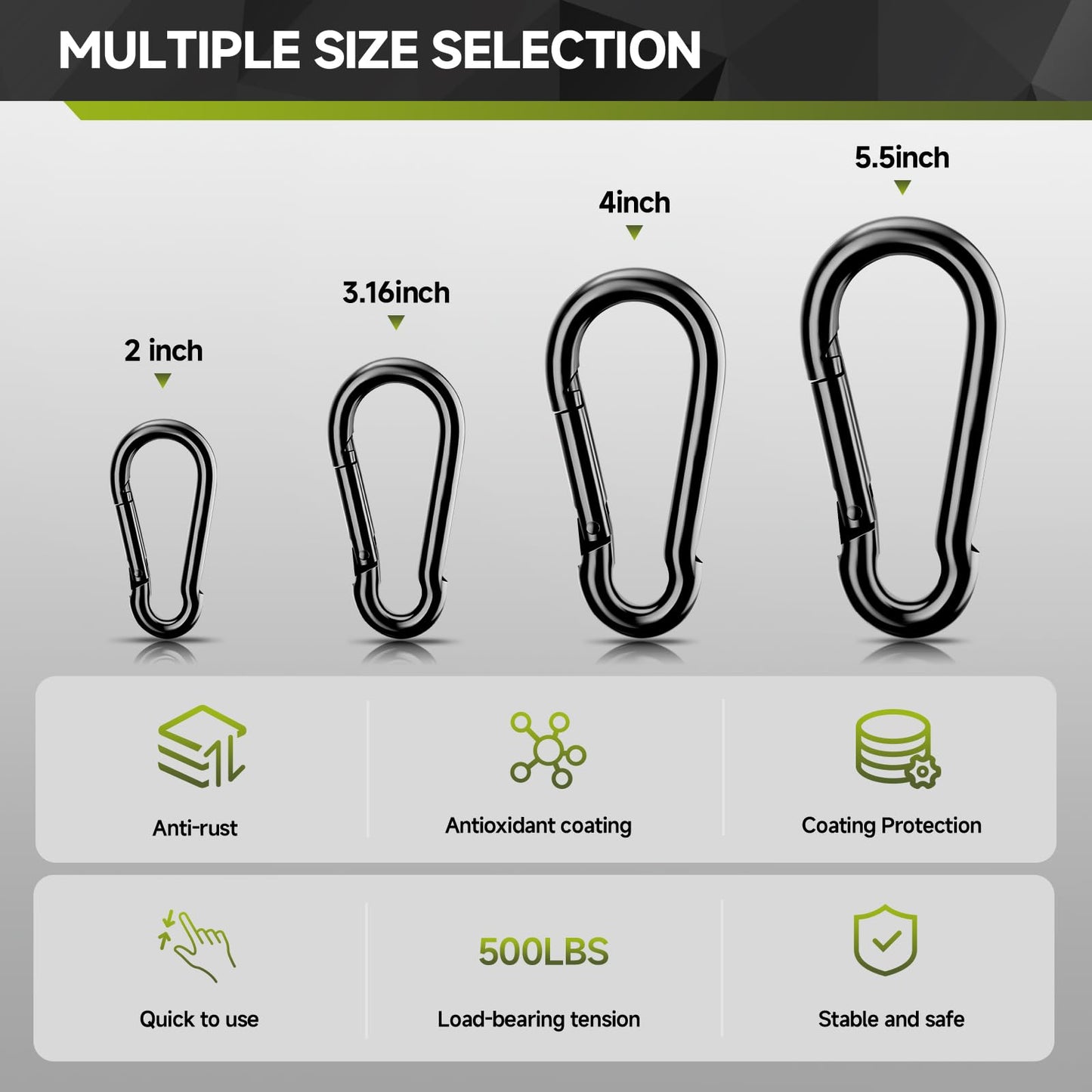 10Pcs Spring Snap Hooks, 3.16” Carabiner Clip, 500lbs Heavy Duty Rope Connector, Large Carabiners for Indoor & Outdoor, Hammock, Swing, Camping, Fishing, Hiking