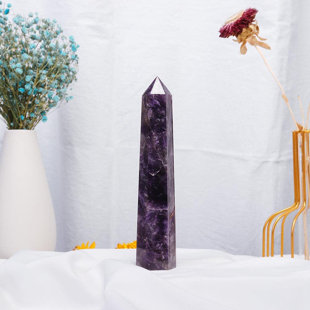 Apengshi Amethyst Large Crystal Tower Natural Dream 5.9"-6.3" 6 Faceted Single Point Chakra Healing Crystal Wand Energy Meditation Stone Home Decor Collection Gift