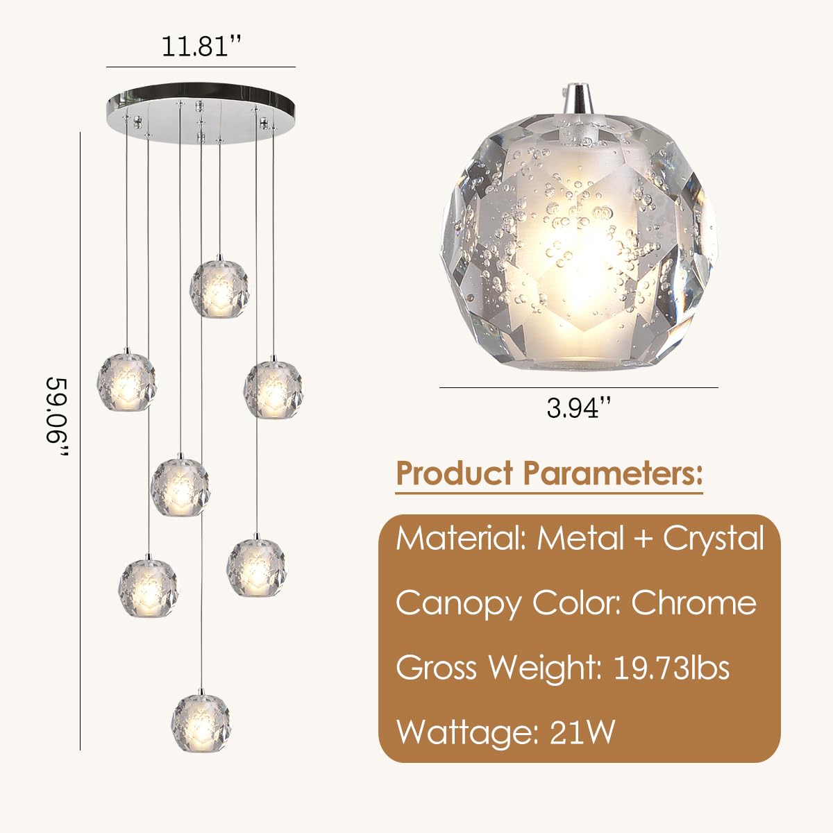 Yaskina Cluster Pendant Light, Modern 7 Lights Chrome Crystal Chandelier, Bubble Raindrop Pendant Lighting 59" Long Light Fixture for Foyer Entryway Staircase