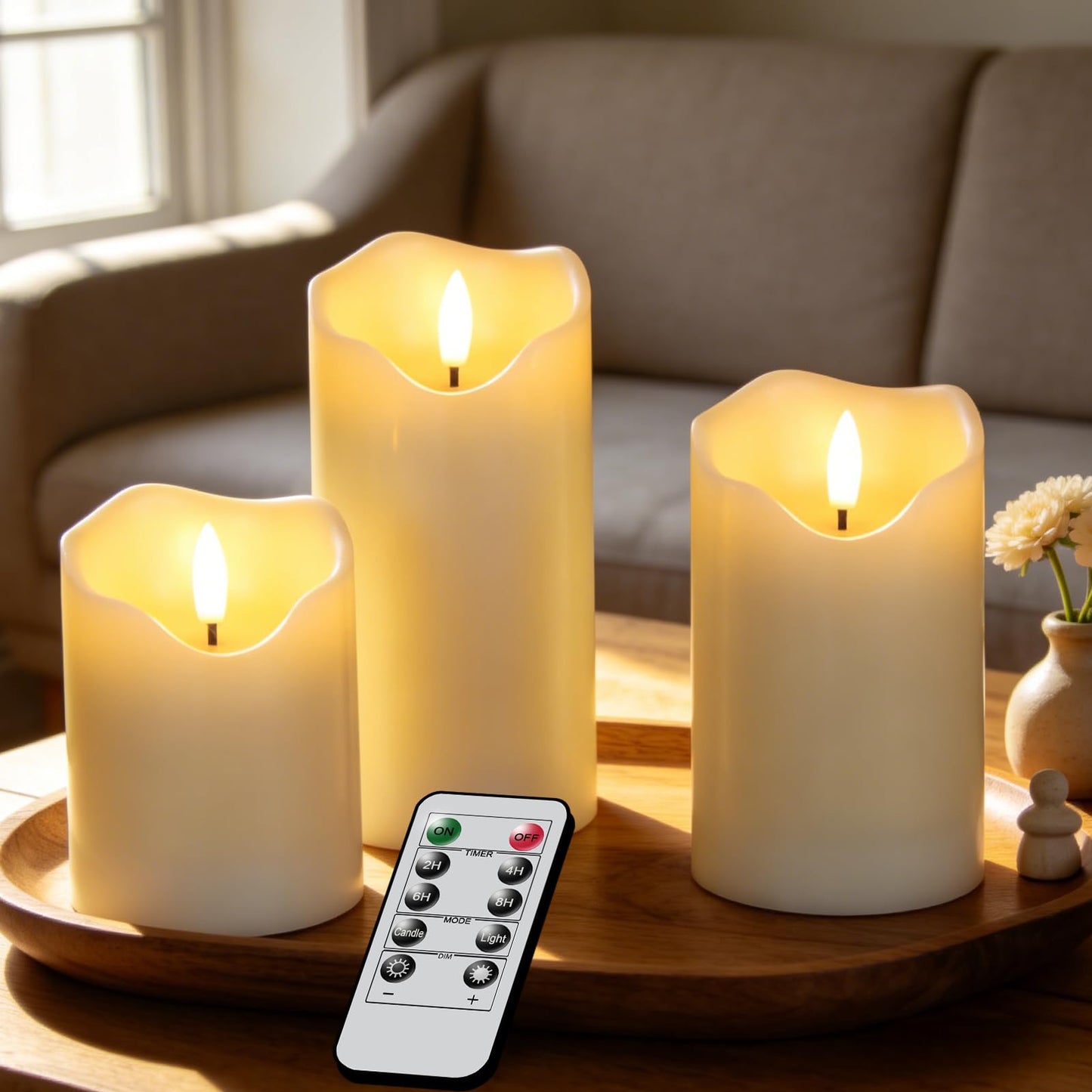 Wondise Flameless Flickering Candles with Remote and Timer, Real Wax Battery Operated Ivory LED Candles with 3D Wick for Home Fall Wedding Birthday Christmas Decoration, Set of 3(Ivory)