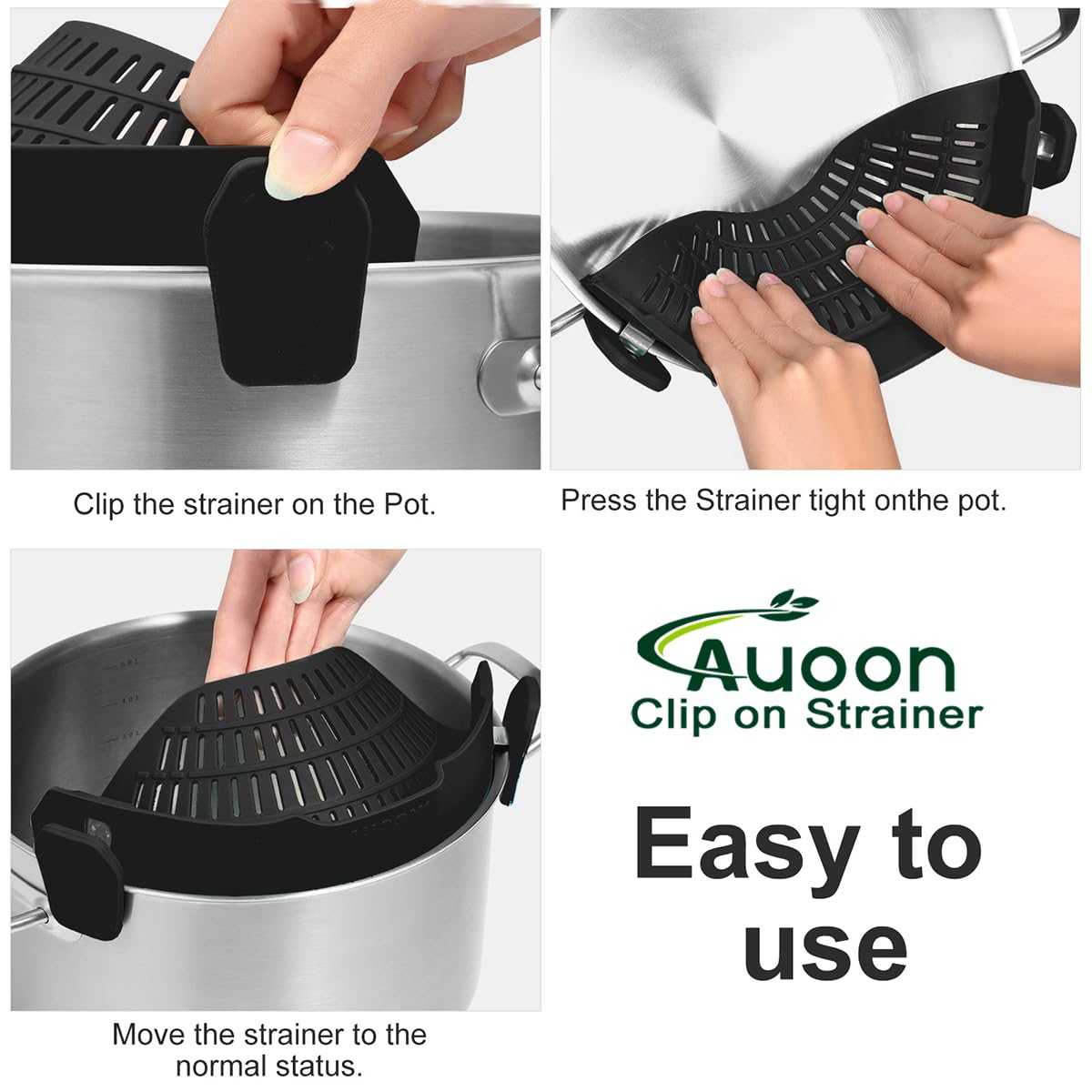 AUOON Clip On Strainer Silicone for All Pots and Pans, Pasta Strainer Clip on Food Strainer for Meat Vegetables Fruit Silicone Kitchen Colander