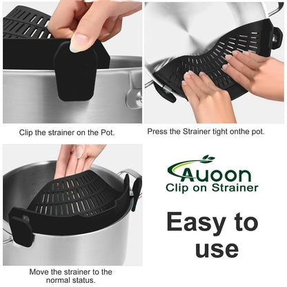 AUOON Clip On Strainer Silicone for All Pots and Pans, Pasta Strainer Clip on Food Strainer for Meat Vegetables Fruit Silicone Kitchen Colander