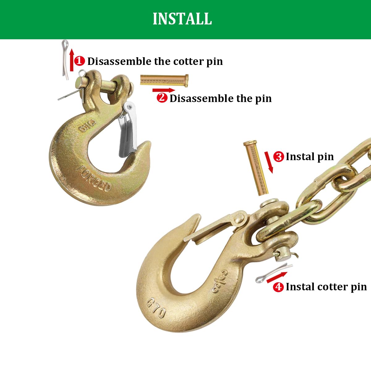 Ailengy 2 Pack Slip Hook, Heavy Duty Safety Latch Hook 3/8'', G70 Forged Steel 18,000 Lbs Capacity Tow Chain Clevis Grab Hook Working with Towing and Chain for Trailer Truck Transport Tow Chain Hook