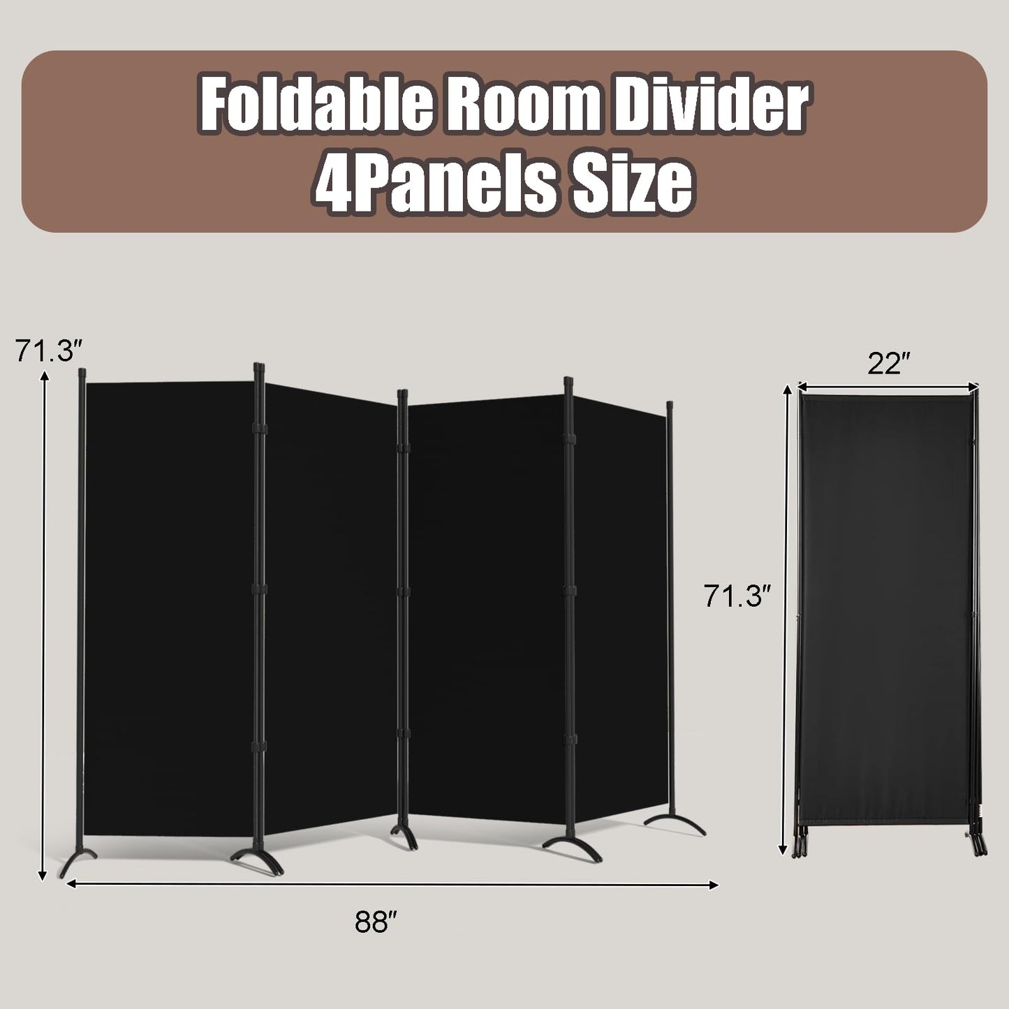 Room Dividers Folding Privacy Screens 4 Panel Partition Screen Steel Frame& Frabic Office Partition for Home Office Dorm Decor Black
