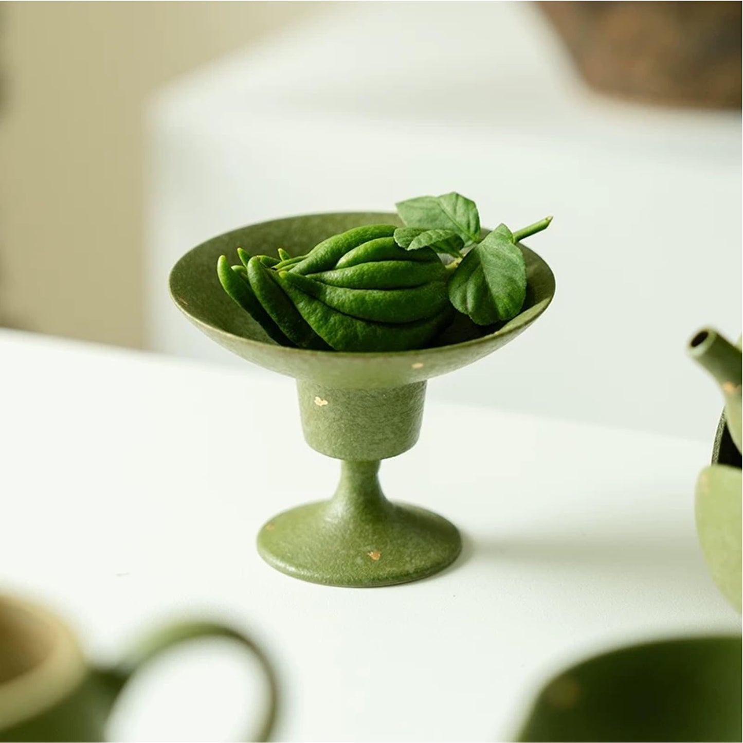 Hermit Life Incense Stick Holder with Fresh Lime-Green Glaze, Ceramic Incense Burner with Ash Catcher, Candlestick Holder for Table Décor (Round Rim)