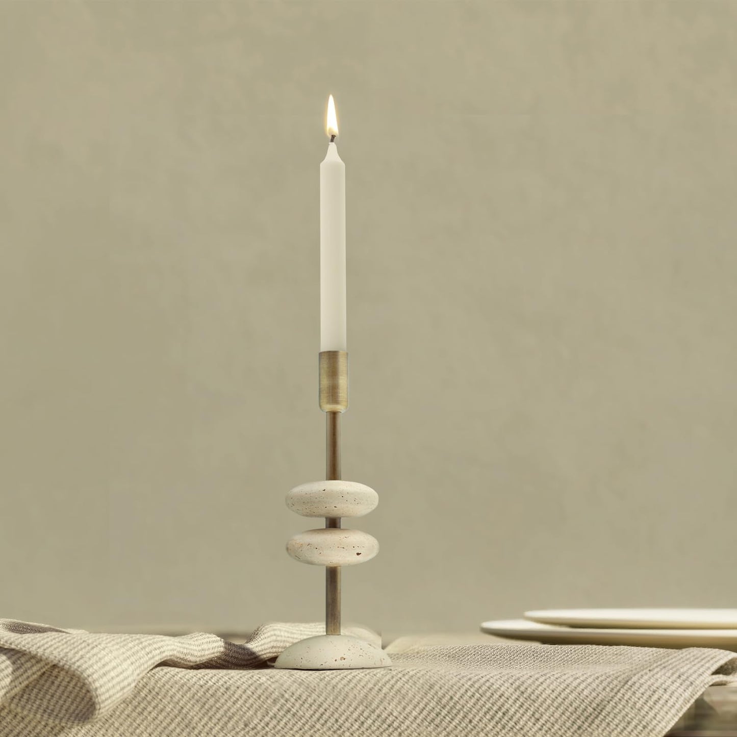 NEXOTIQUE Marble Candlestick Holders, Taper Candle Holder for Table Candles White Candelabra Candle Holders for Console Tabale, Wedding Centerpiece, Cozy Home Decor, Travertine, 10''