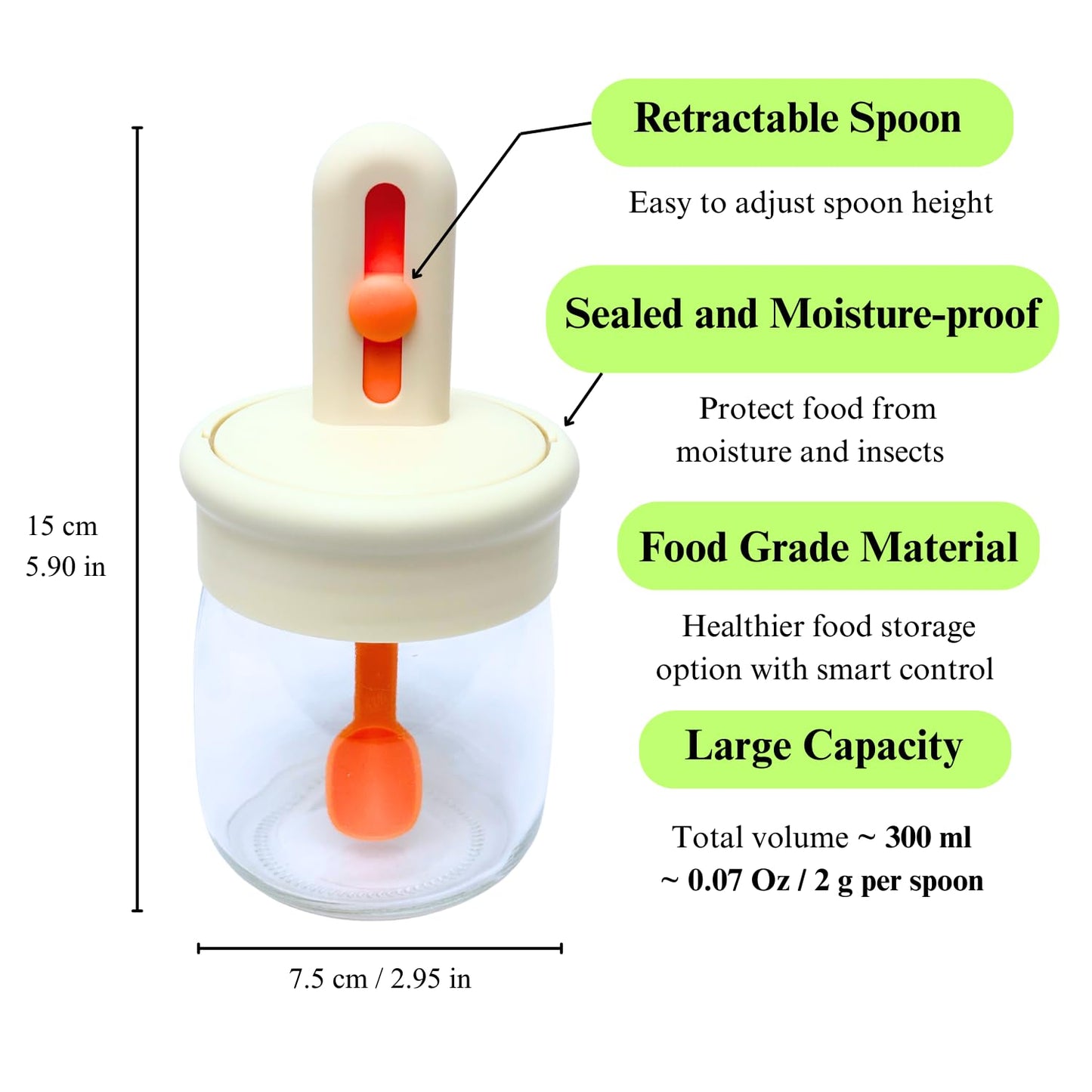 Airtight Glass Seasoning Jar, Spice Jar, Food Container - 4 Pack 10 Oz - with Retractable Spoon and Lid (Cream White)