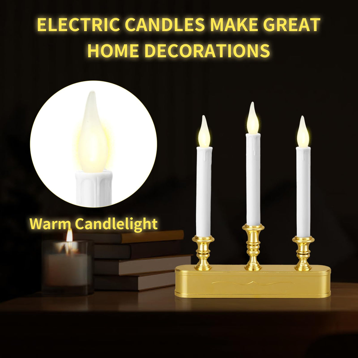FGDECORJOIE Delicate Battery Operated Flicker Flame Gold Antique 3 Tier LED Window Candelabra 11.5 Inch Hight with Automtically Timer 8 Hours On/16 Hours Off