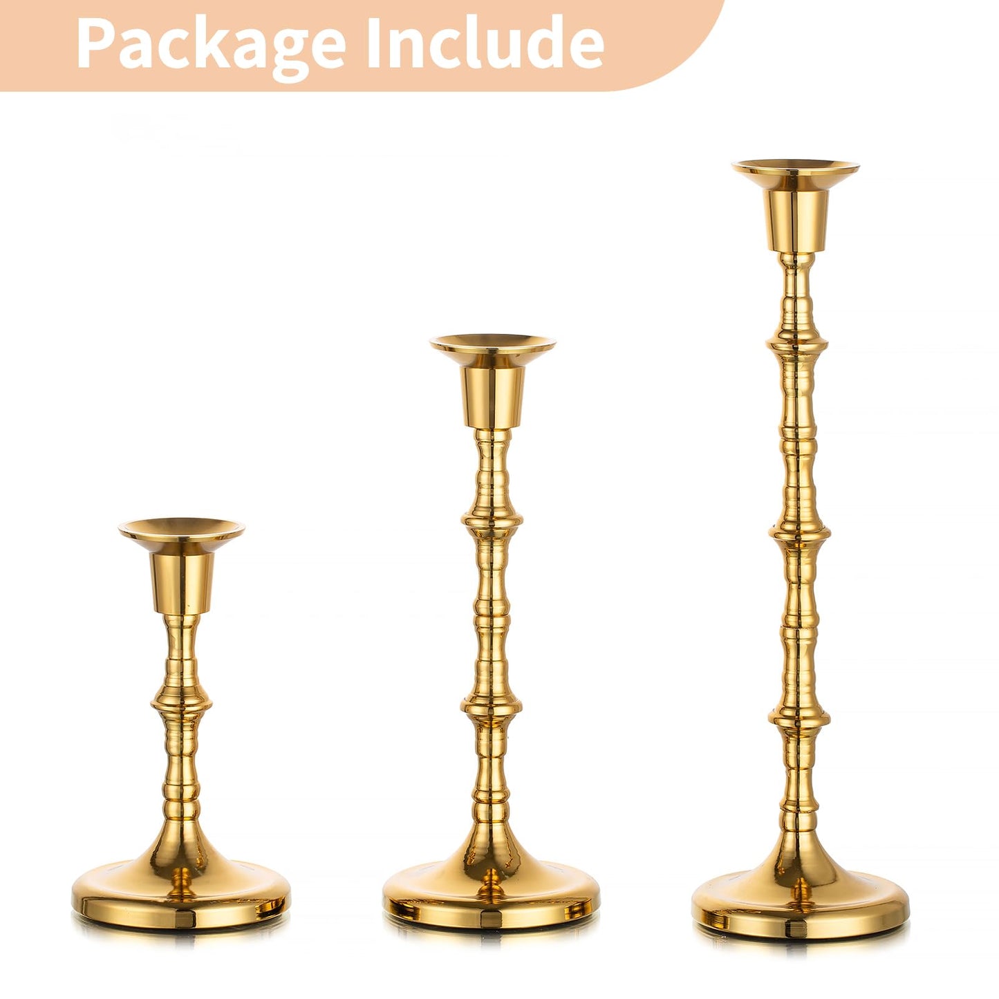 Nuptio Brass Candlestick Holders for Centerpiece: Set of 3 Gold Taper Candle Stick Holders for Home Dining Table Fireplace Decor