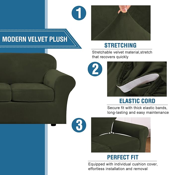 H.VERSAILTEX Real Velvet Plush 3 Piece Stretch Sofa Covers Couch Covers