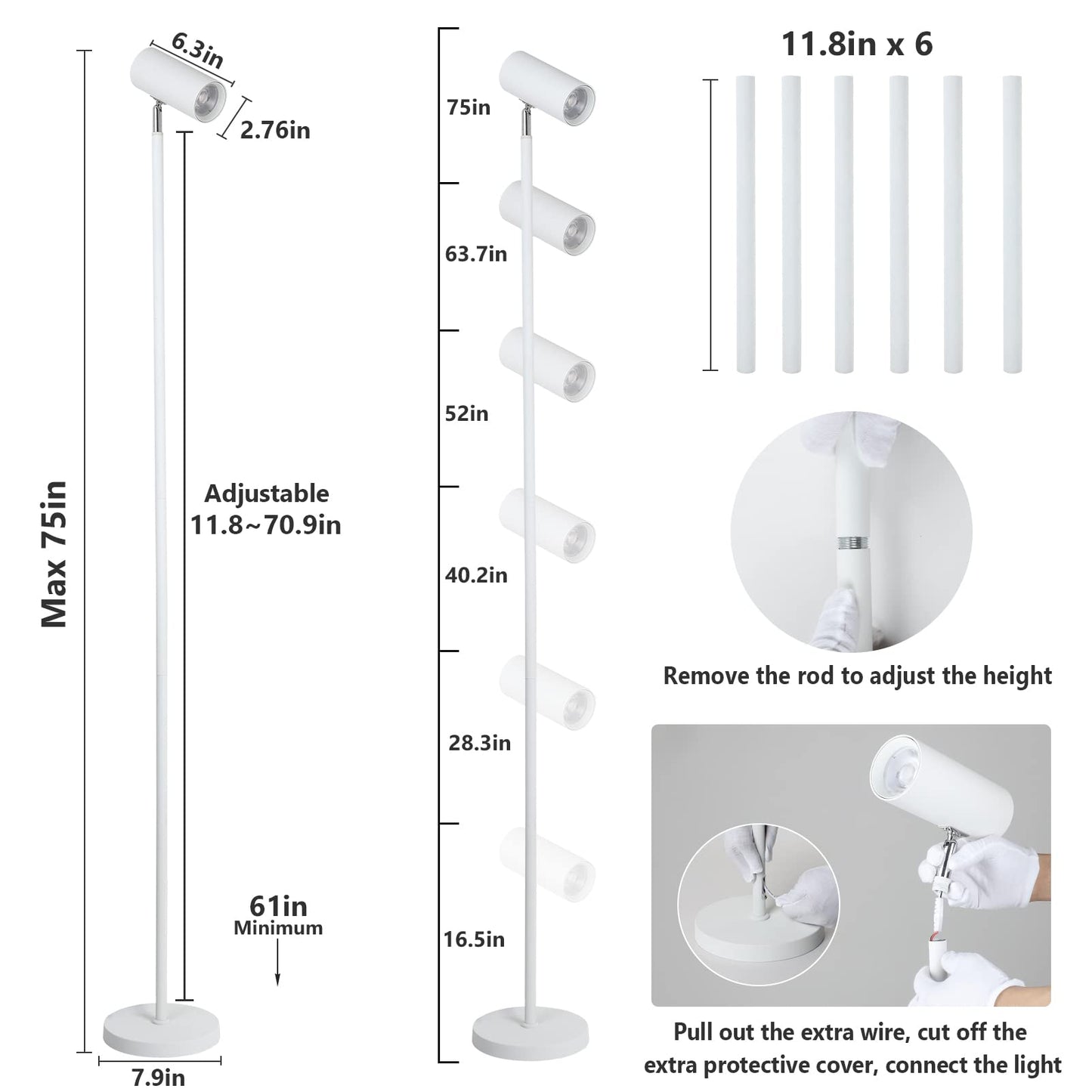 HMVPL White Grow Lights for Indoor Plants Full Spectrum,Tall Plant Light for Indoor Growing with 20W COB Plant Light Bulb,4/8/12H Timer,Led Growth Floor Lamp for Large Plant Seedling(6 Level Height)