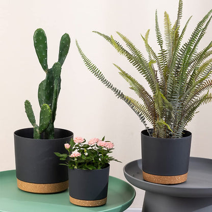 ZMTECH 16.5cm Plant Pots, Modern Planters with Drainage Holes and Detachable Saucer, Plastic Flower Pots for Plants for House Garden Windowsill (Set of 2, Dark Grey)